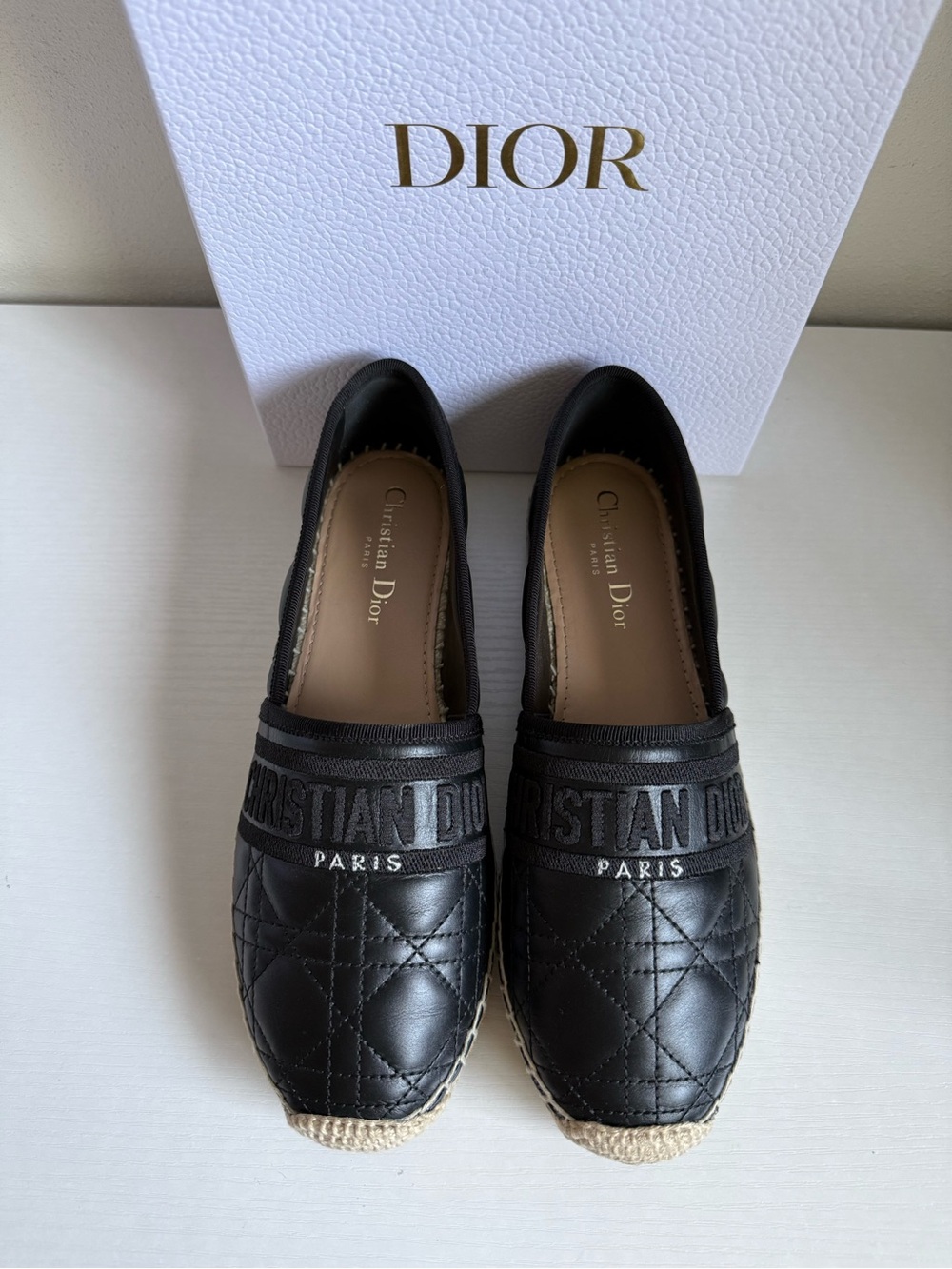 NIB Dior Granville Black Cannage Quilted Leather Espadrilles Logo Band